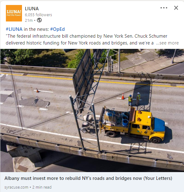 A Labor Letter To The Editor @ Syracuse.Com From Sam Capitano & Todd Diorio Of The Laborers Union & Mike Elmendorf Of The Associated General Contractors Of New York State: Albany Must Invest More To Rebuild NY’s Roads & Bridges - Now! 