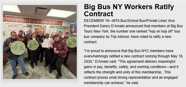 Transit Workers Union Local 100-Represented Big Bus NY Workers Ratify New Contract That Features ‘More Than 20% Wage Increases Over The Life Of The Agreement’