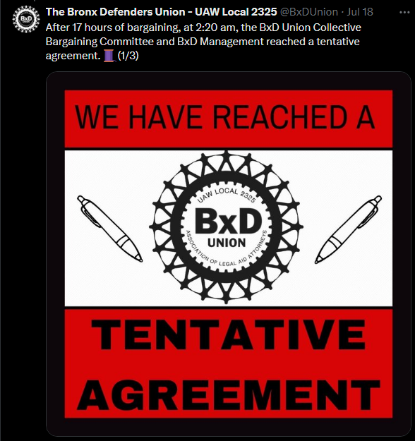 LABOR NEWS UPDATE: Bronx Defenders Union Reaches Tentative Agreement, Averting Strike
