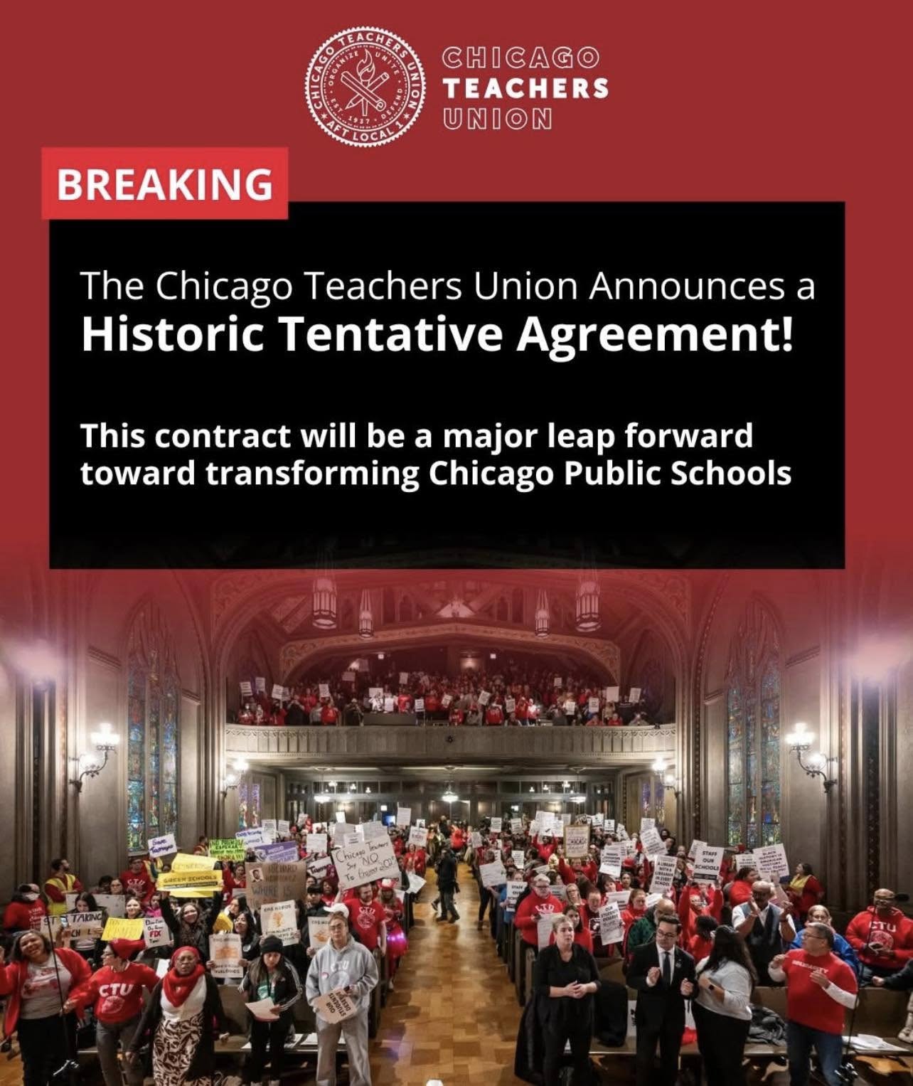 ‘Capping Nearly A Year Of Tense Negotiations,’ The Chicago Teachers Union ‘Touts’ An ‘Historic Contract Achievement’ That Offers A ‘Well-Rounded’ Education ‘To Every Chicago Child & Security To The Union’s Nearly 30,000 Members’