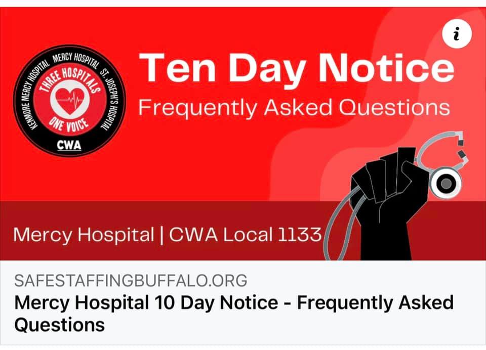 CWA-Represented Workers At Catholic Health’s Mercy Hospital In South Buffalo Set October 1st Strike Date As ‘Staffing Crisis Reaches Breaking Point’