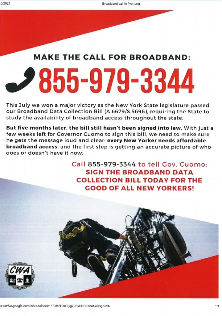CWA’s ‘Call To Action’ - Local 1122 Asks WNY Unionists To Contact The Governor’s Office To Get Cuomo To Sign The Broadband Data Collection Bill 