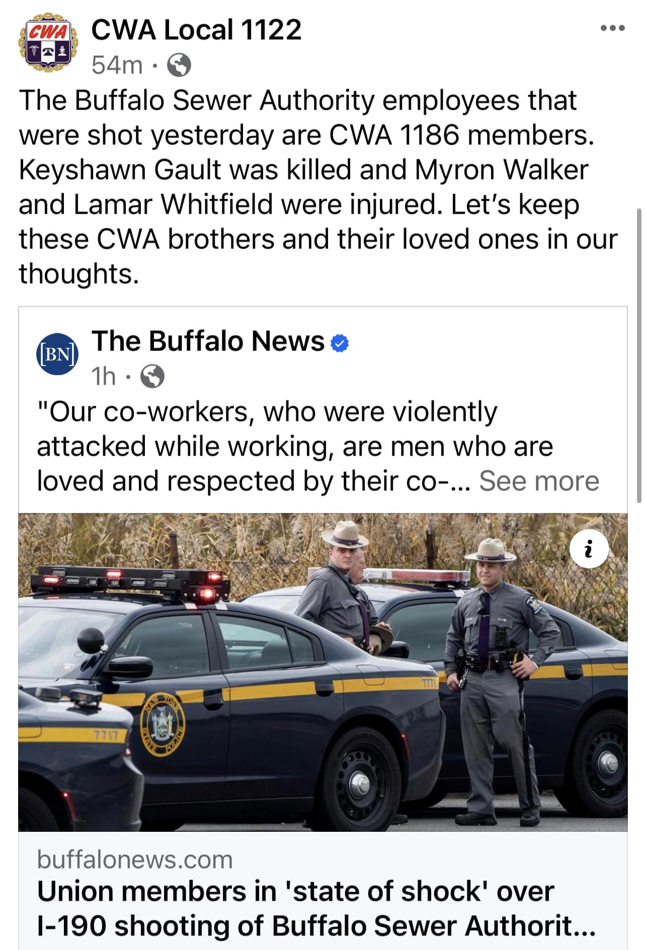 CWA Local 1186 Member, An Employee Of The Buffalo Sewer Authority, Fatally Shot While Driving A Work Vehicle On New York Interstate 190 - Two Other CWA-Represented Workers Also Wounded, Authorities Investigating