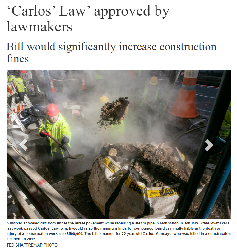 ‘Carlos’ Law’ Approved By New York State Lawmakers - Bill ‘Would Significantly Increase Construction Fines For Companies Found Criminally Liable For’ Worker Injuries Or Fatalities