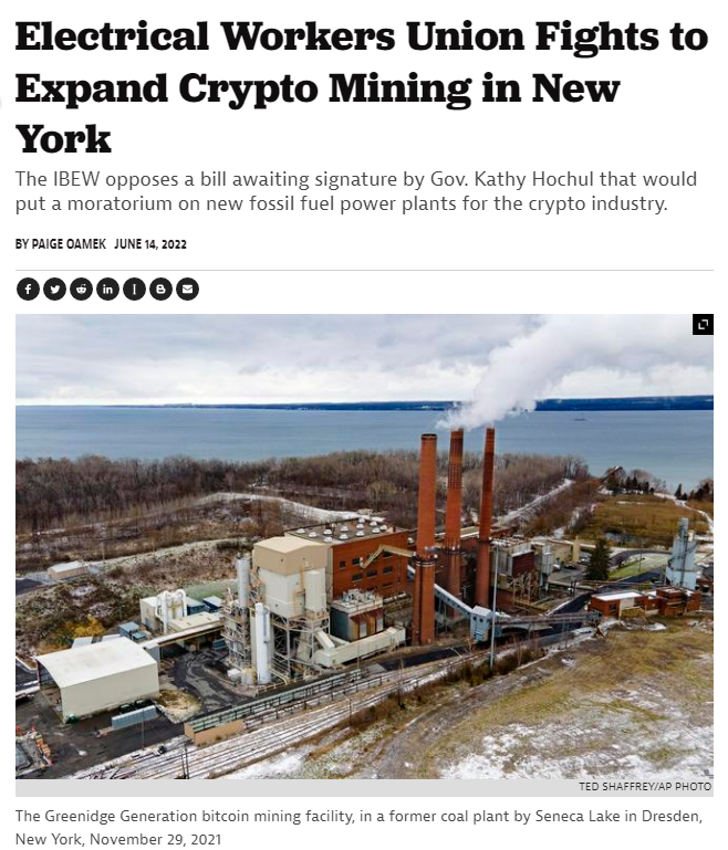 The IBEW ‘Fights To Expand’ Crypto Mining In New York State - Union Opposes A Bill That Awaits Governor Hochul’s Signature ‘That Would Put A Moratorium On New Fossil Fuel Power Plants’ For The Crypto Industry