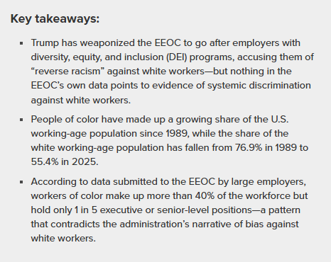 From The Economic Policy Institute: How Trump ‘Is Weaponizing The EEOC Against The Workers It Was Built To Protect’ - ‘A More Diverse Workforce Isn’t DEI-Motivated Discrimination, It’s Just Demographic Change’