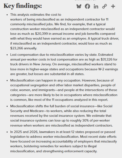 Via The Economic Policy Institute: ‘Misclassifying Workers As Independent Contractors Is Costly For Workers & Social Insurance Systems’