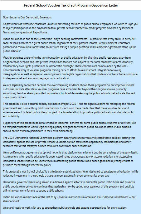 The New York State United Teachers & The Illinois Federation Of Teachers ‘Lead A More Than 30 Educator Union Coalition That’s Urging Democratic Governors To Reject Trump's Federal Voucher Scheme’