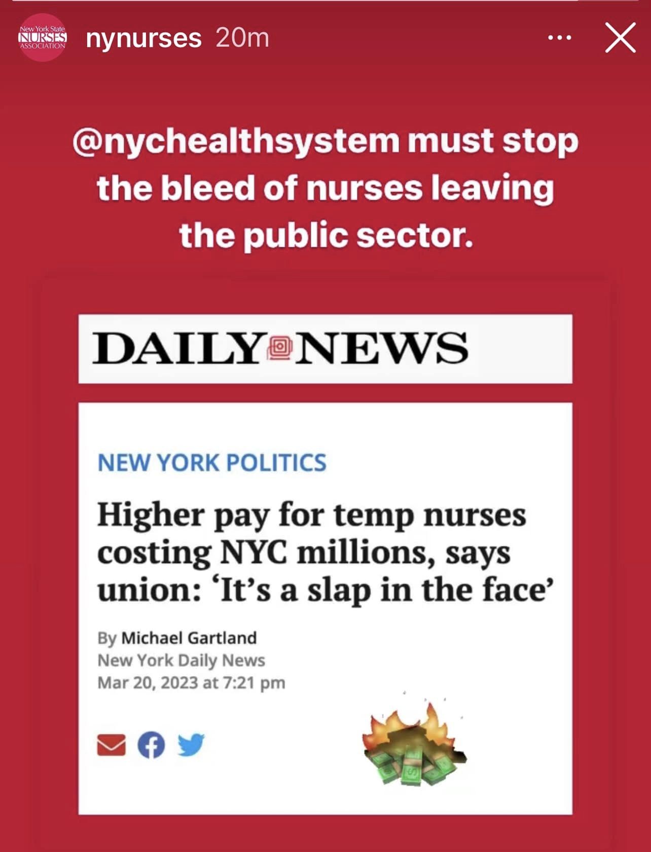“It’s A Slap In The Face” - The New York State Nurses Association Tells The New York Daily News That ‘Higher Pay For Temp Nurses Is Costing New York City Tens Of Millions Of Dollars In Additional Costs, Each Year’