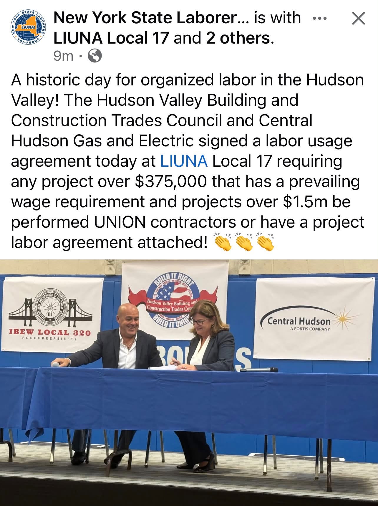 The Hudson Valley Building Trades Sign A Labor Usage Agreement With Central Hudson Gas & Electric ‘That Will Put Local Union Workers On The Job With The Utility’s Major Construction Projects’ 