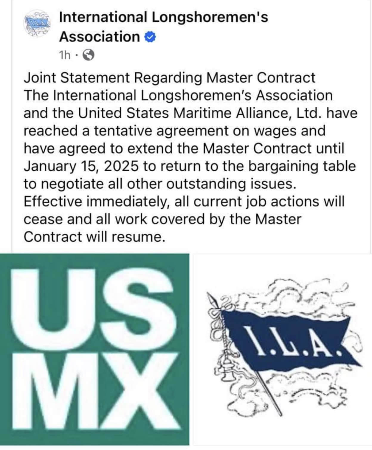 Negotiators Reach Deal On Wages To End - For Now, The Strike By Members Of the International Longshoremen’s Union, Current Contract Extended To January 15th