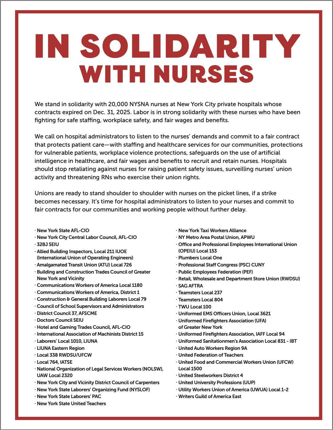 NYSNA Nurses ‘Take Action To Demand’ Hospitals ‘Protect Health Benefits & Safe Staffing’ - While Safety-Net Hospitals ‘Commit To Investing In Patient Care, Some Of The Wealthiest Hospitals Refuse To Safely Staff & Protect’ Health Benefits