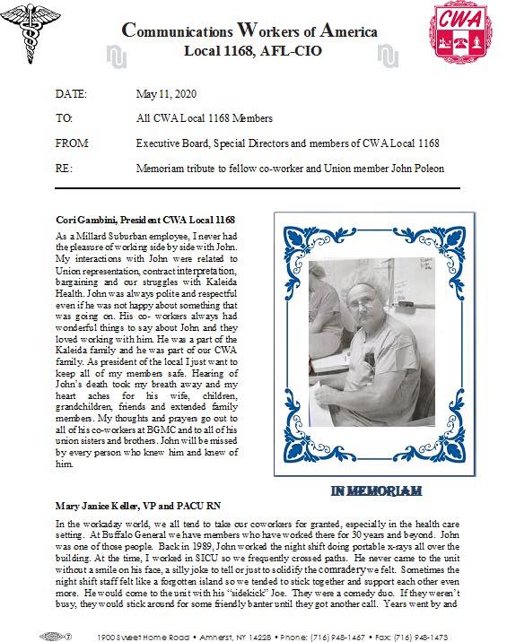 In Memoriam: A Tribute To X-Ray Technologist John Poleon - Communications Workers Of America Local 1168 Member ‘Believed To Be First Front-Line Medical Worker At A Buffalo Hospital Who Has Been Lost To COVID-19’