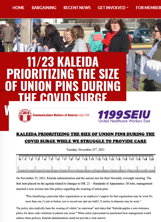 After A Major Strike At Catholic Health & New Contract Negotiations Approaching, The Kaleida Health System Announces ‘A New Policy On The Size Of & Wearing Of Union Pins’ As Its Workforces Struggles To Provide Care