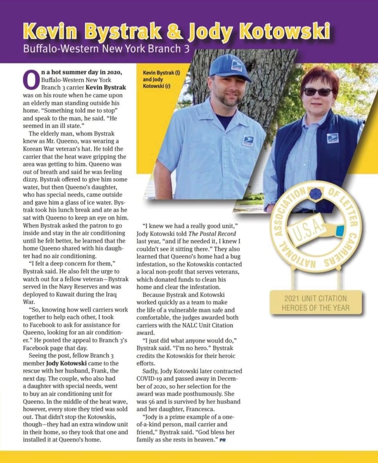 For The ‘Third Straight Year,’ NALC Branch 3’s Buffalo Members Are Honored As ‘NALC Heroes’ - Receive A Unit Citation From Their National Union For Their Efforts That Helped A Veteran Through Summertime Heat