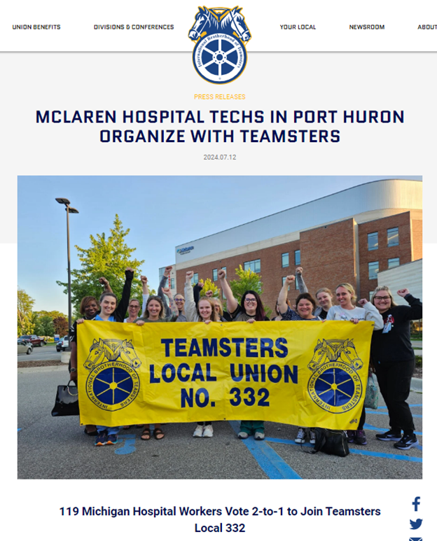 McLaren Hospital Techs In Port Huron, Michigan ‘Go Union’ With The Teamsters