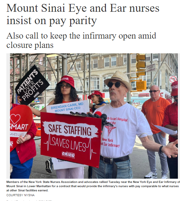 ‘Amid Closure Plans,’ NYSNA-Represented Mount Sinai Eye & Ear Nurses ‘Call For Pay Parity & For The Health Care System To Keep The Infirmary Open’ 