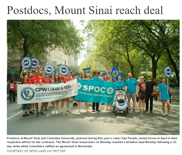 500 Post-Doctoral Researchers Employed At Mount Sinai Hospital Reach Tentative Contract Agreement - Deal Gives Post-Docs ‘Highest Minimum Salary Of Any Post-Docs In The Country & Subsidized Housing Assurances’