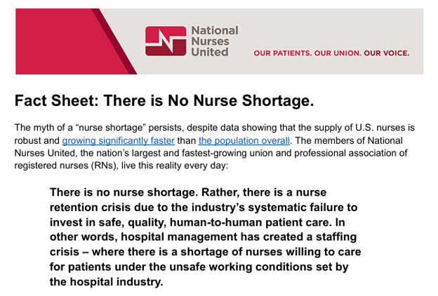 New National Nurses United Fact Sheet ‘Shows There Is A Nurse Retention Crisis, Not A Nurse Shortage’