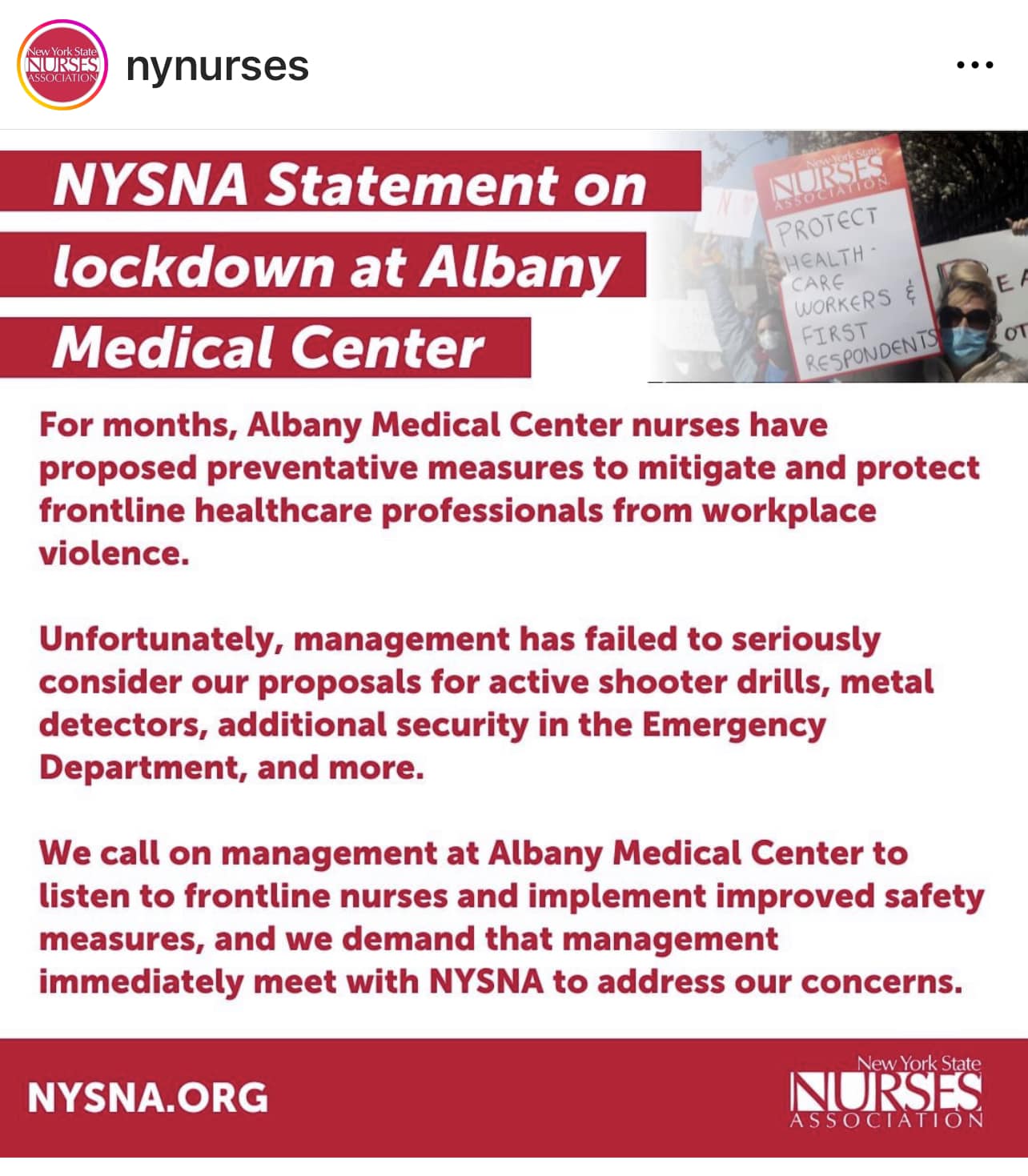 The New York State Nurses Association Is “Deeply Disturbed” By The Safety Breach That Caused A Lockdown At The Albany Medical Center - Union Says Management “Failed To Seriously Consider Our Proposals For Active Shooter Drills And Additional Security