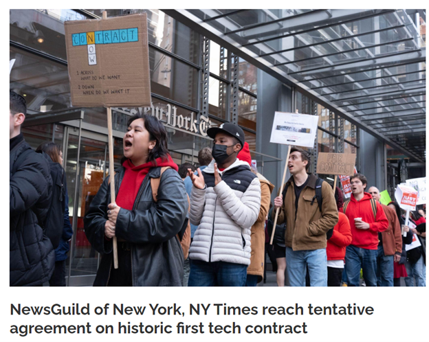 NewsGuild Of New York & The New York Times ‘Reach Tentative Agreement On Historic First’ Tech Contract - Three-Year Agreement Sets New Standards For Tech Industry, Including ‘Guaranteed’ Raises & ‘Guardrails On Remote-Work Status’