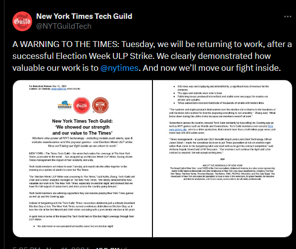 New York Times Tech Workers End Strike ‘Without Deal, Cite Impact Their Absence Had On Election Night’ - Group Of 600 Software Developers & Data Analysts ‘Promise They Will Move The Fight Inside’
