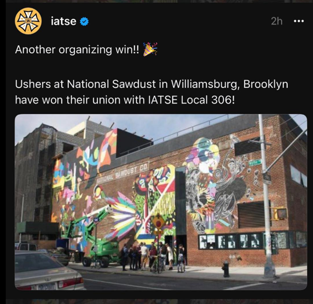 ‘National Sawdust’ Ushers Unionize With IATSE Local 306 