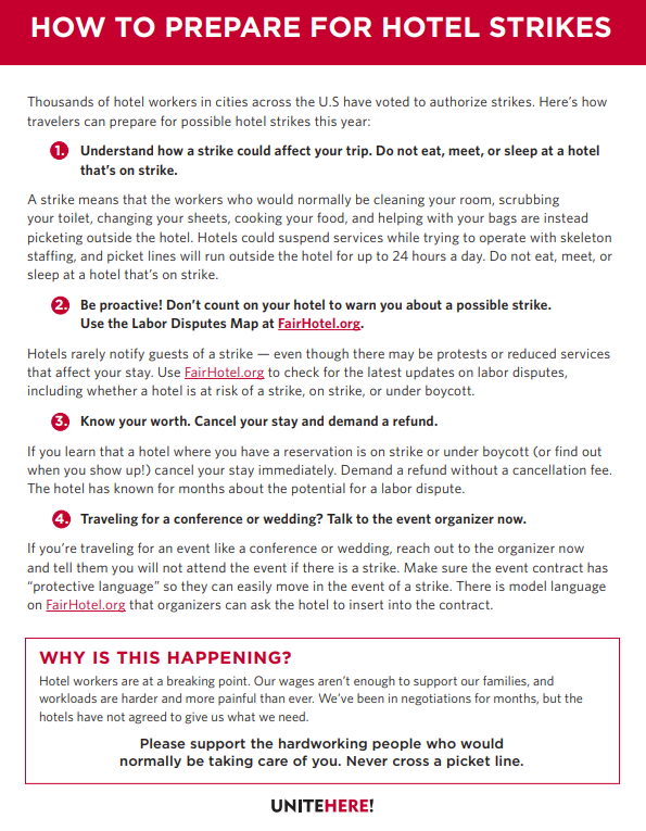 UNITE HERE Releases Travelers’ Guide To ‘Possible Strikes As Busy Labor Day Travel Weekend Approaches’ - Union ‘Wants Guests To Be Prepared For Possibility Of Widespread Disruptions’ To Hotel Stays