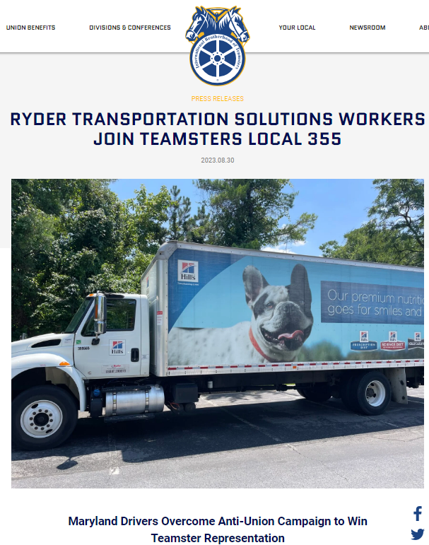Ryder Transportation Solutions Workers ‘Go Union,’ Join Teamsters Local 355