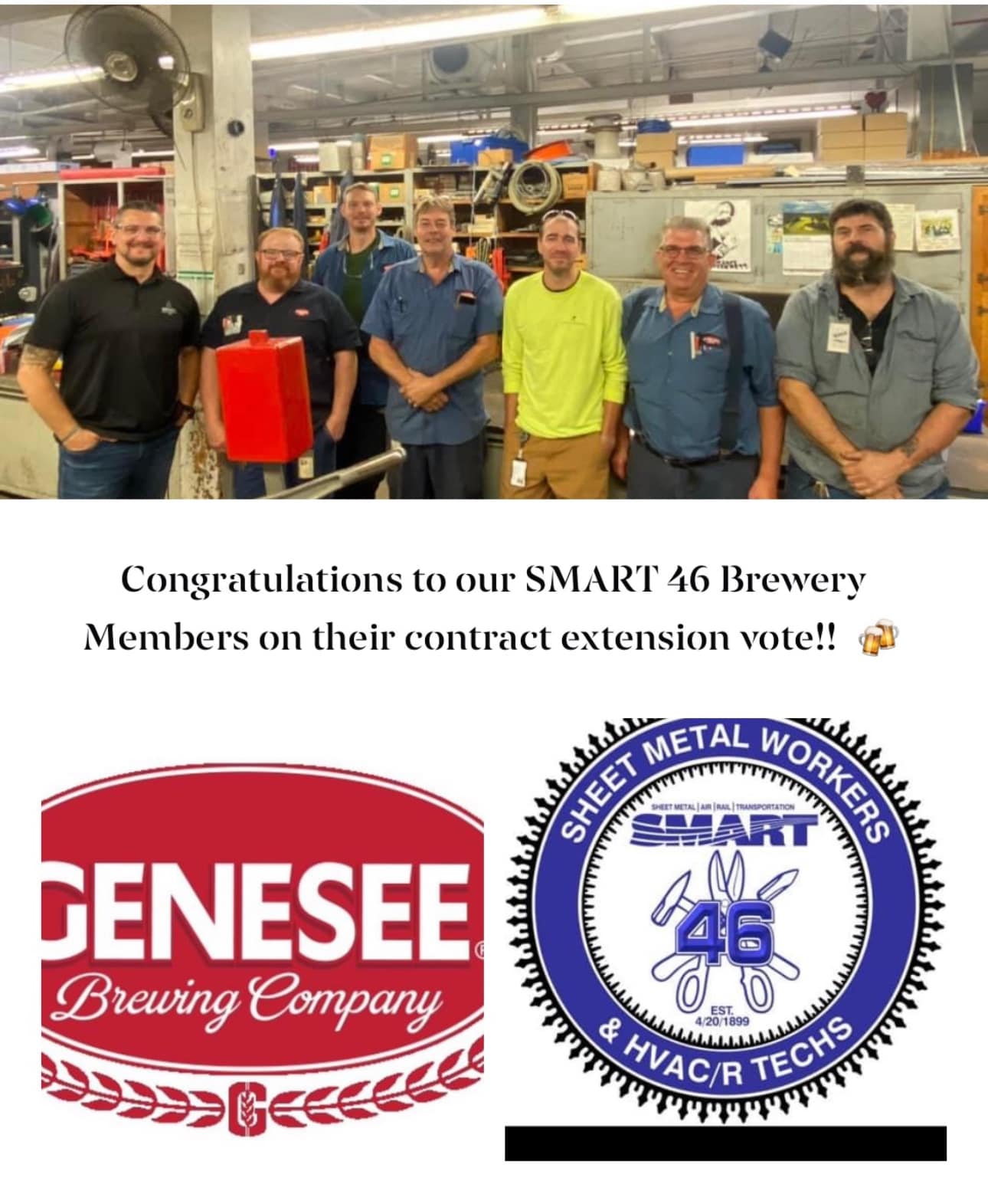 SMART Local 46-Represented Genesee Brewery Workers Agree To A One-Year Contract Extension That Provides A 4% Wage Increase, A 2% COLA Adjustment & ‘No Increase’ In Their Health Benefits