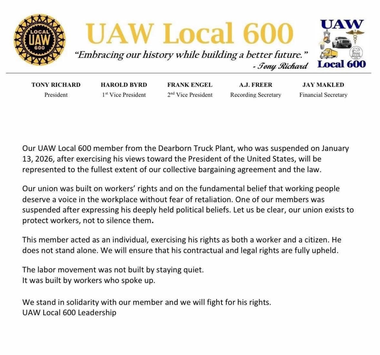 The UAW ‘Defends’ Member Who Called Trump A “Pedophile Protector’ That Prompted A ‘Middle Finger Salute ‘From The President - TJ Sabula Says He “Has No Regrets” As Ford ‘Suspends Him From His Job’ At Its Dearborn, Michigan Plant