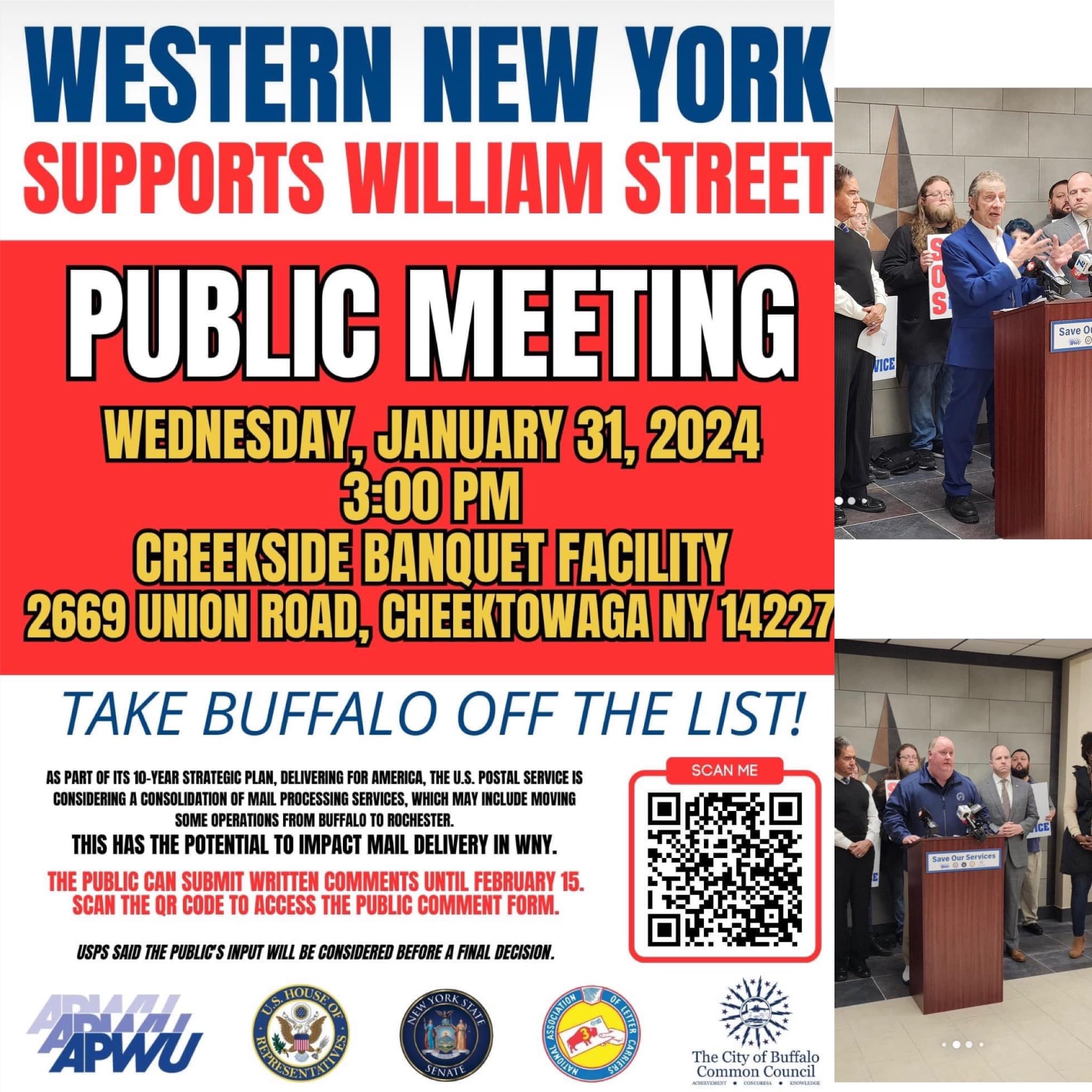 APWU & NALC Joined By Federal, State & Local Elected Officials ‘To Fight For The Preservation Of Mail Services in Buffalo’ After USPS Proposal To ‘Move Mail Processing to Rochester, Which They Argue Will Create Delays in Delivery’