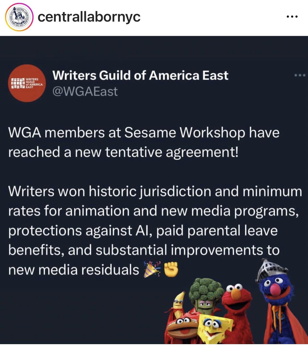 LABOR NEWS UPDATE: Sesame Workshop Writers Reach Tentative Agreement On New Contract