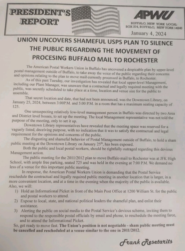 An APWU Warning: Union ‘Uncovers Shameful’ USPS Plan ‘To Silence The Public Regarding The Movement Of Processing Buffalo Mail To Rochester’
