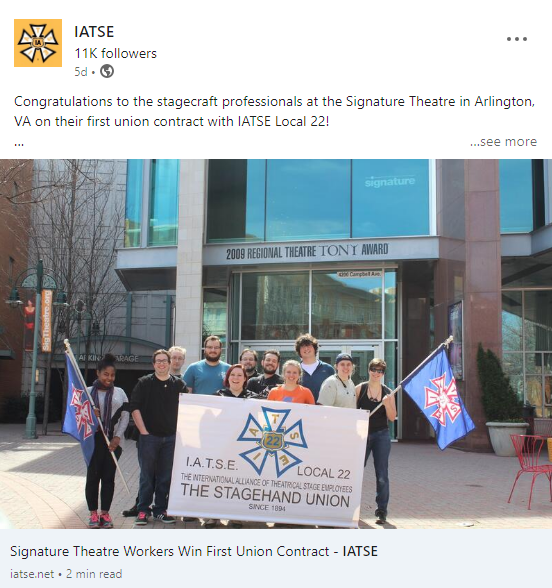 ‘This Is What Happens When’ Workers ‘Go Union’ - New Unionized Signature Theatre Workers Win First Contract - Pay Equity Across All Departments, 15 To 20% Rate Increases & Health, Pension & Annuity Contributions Among Agreement’s Highlights