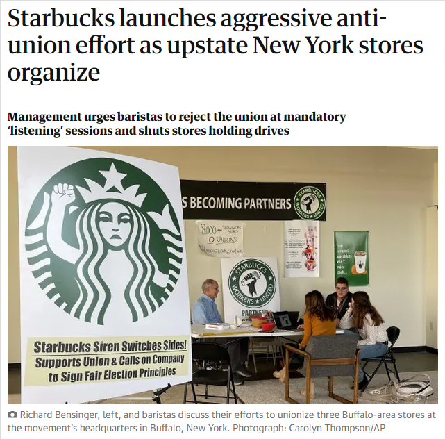 Starbucks ‘Launches Aggressive Anti-Union Effort’ As Upstate New York Stores Organize - Management ‘Urges’ Baristas ‘To Reject The Union At Mandatory Listening Sessions &  Shuts Stores Holding Drives’