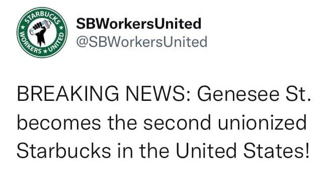 It’s Official: Suburban Buffalo Starbucks Coffee Shop Becomes The Company’s Second Unionized Retail Store In The United States
