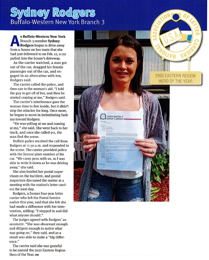 One Of Eight 2020 NALC Heroes Of The Year Awardees From Across The U.S.: Buffalo Branch 3 Member Sydney Rogers Recognized & Honored For Her Role In Helping Save A Woman Who Was Being Attacked By A Man On Her Mail Route