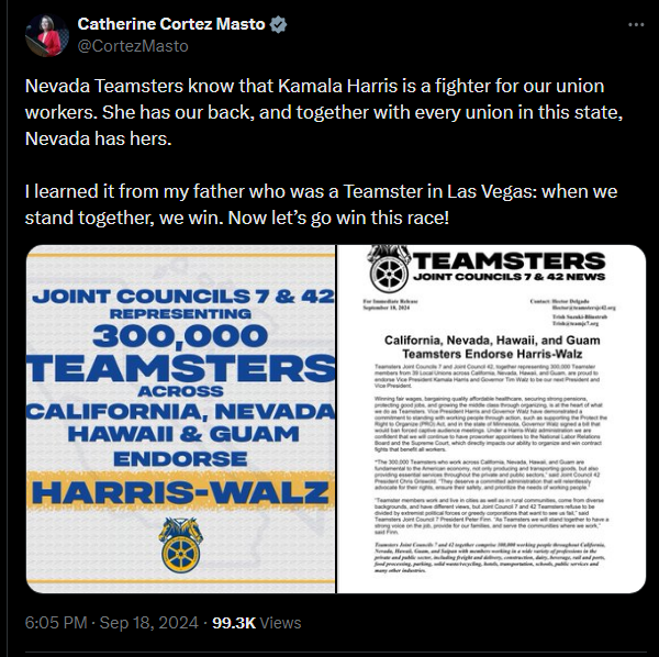 While The Teamsters International ‘Declines To Issue An Endorsement,’ Several Local Teamster Councils Representing More Than 300,000 Members ‘Back Democratic Presidential Ticket Of Harris-Walz’