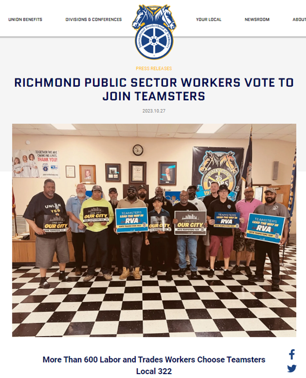 Richmond Public Sector Workers ‘Go Union,’ Vote To Join Teamsters - More Than 600 Labor & Trades Workers Choose Local 322