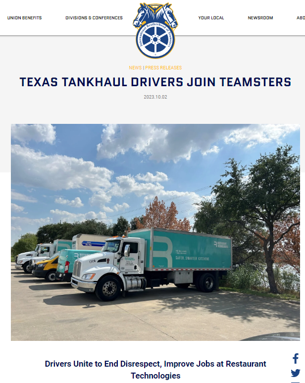 Texas Tankhaul Drivers ‘Go Union,’ Join Teamsters - Drivers ‘Unite to End Disrespect, Improve Jobs’ At Restaurant Technologies
