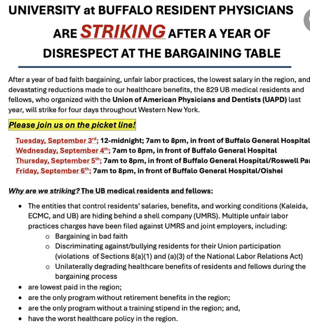 More Than 800 Unionized University At Buffalo Resident Physicians Are On A Four-Day Strike ‘To Demand A Fair Contract That Address Their Concerns About Compensation, Benefits & Working Conditions’