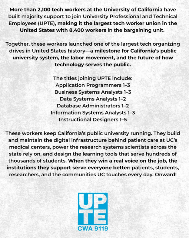 University Of California IT Workers ‘Go Union,’ Join UPTE-CWA ‘To Form The Largest Tech Union In The U.S.’