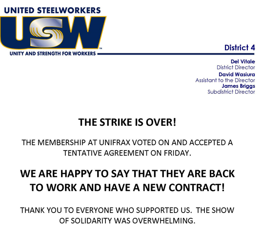 Unifrax Strike Ends With ‘Quickly Ratified’ Contract That ‘Increases’ Wages - Deal Also Provides For The Hiring Of ‘30 New Union-Represented’ Workers, A Number That The USW Says ‘Could Rise To As Many As 50’