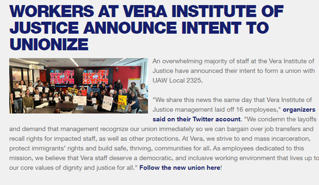 Workers At The Vera Institute Of Justice ‘Go Union,’ Announce Intent To Unionize With The UAW