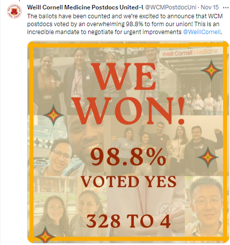 Weill Cornell Postdocs Vote 98.8% To Unionize With The United Auto Workers