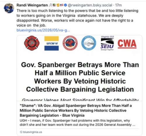 The Virginia Public Sector Labor Coalition Says Governor Has ‘Betrayed More Than Half a Million’ Public Service Workers ‘By Vetoing Historic’ Collective Bargaining Legislation
