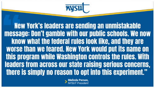 From The New York State United Teachers Union: New York’s Elected Leaders ‘Unite Against The Federal Private School Voucher Scheme’