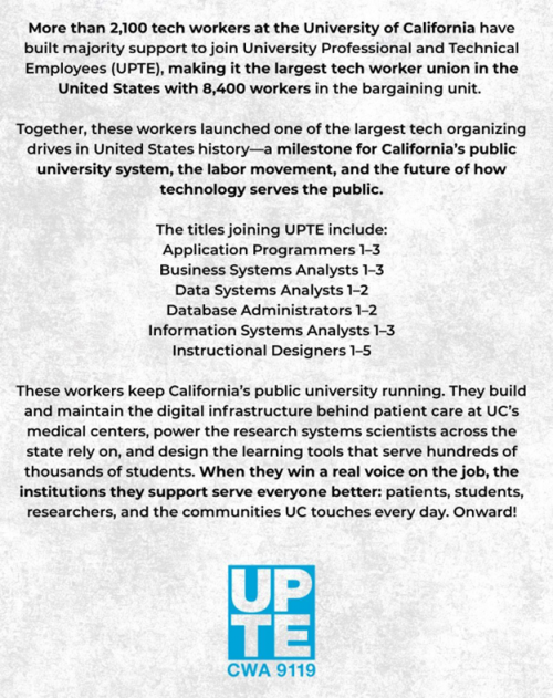 University Of California IT Workers ‘Go Union,’ Join UPTE-CWA ‘To Form The Largest Tech Union In The U.S.’