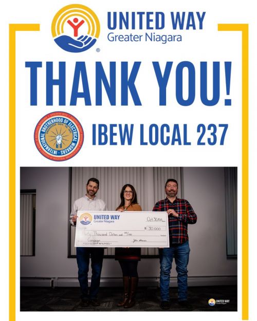 IBEW Local 237 Makes A $30,000 Donation To The United Way Of Greater Niagara’s Annual Fundraising Drive - Brings Combined Total To More Than $154,000 Since 2018 & $79,000 Just Over The Past Three Years To Fund A Variety Of Youth-Oriented Programs